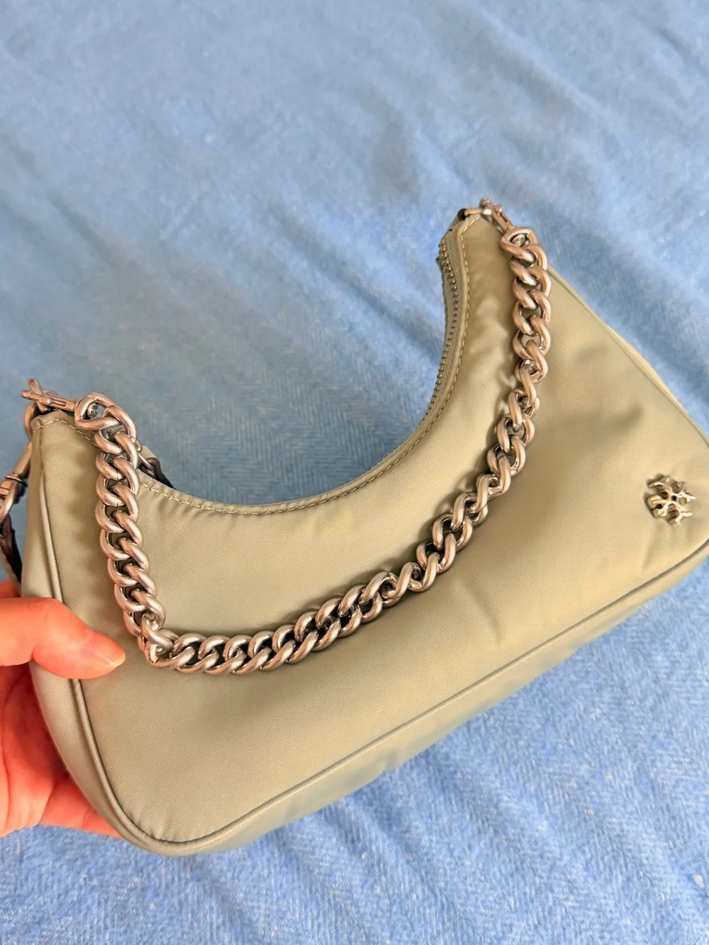 Tory Burch Mint Green Mini Shoulder Bag with Silver Chain